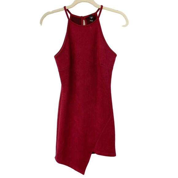 Windsor M Maroon Red Faux Suede High Neck Asymmetrical Hem Mini Dress - Picture 2 of 7